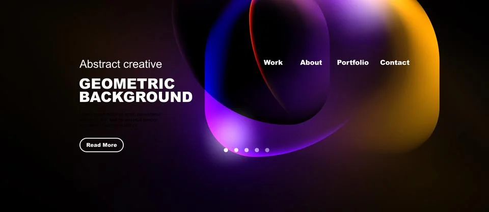 Dark background features colorful fluid shapes, text elements, navigation Stock Illustration