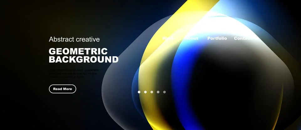 Dark background features colorful fluid shapes, text elements, navigation men Illustrazione stock
