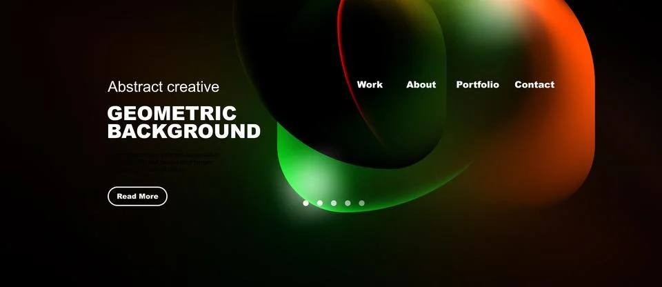 Dark background features colorful fluid shapes, text elements, navigation Stock Illustration