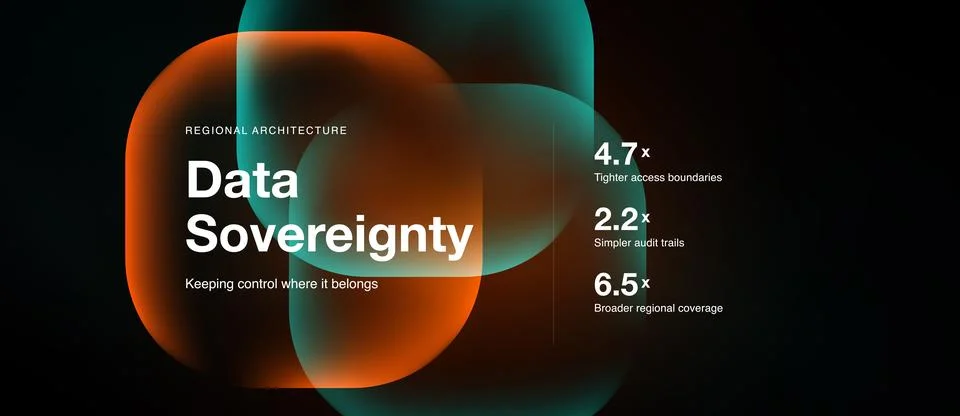 Dark background features data sovereignty concept. Orange, teal shapes overla Stock Illustration