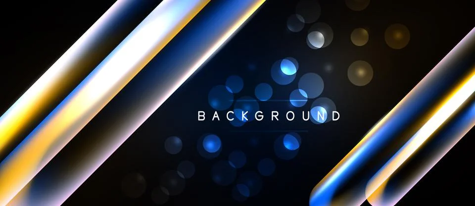 Dark background features diagonal gold, blue lines. Glowing circles add dynam Stock Illustration