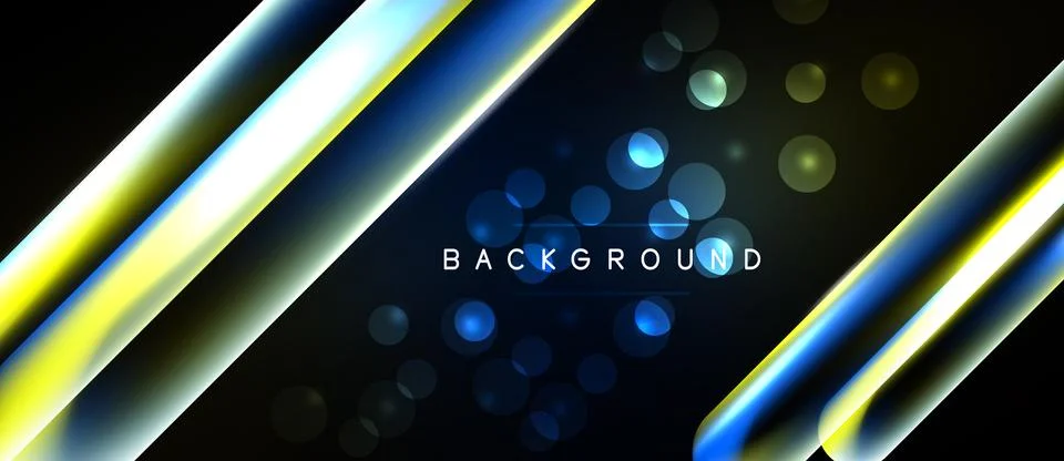 Dark background features diagonal yellow, blue light streaks. Circles create Stock Illustration
