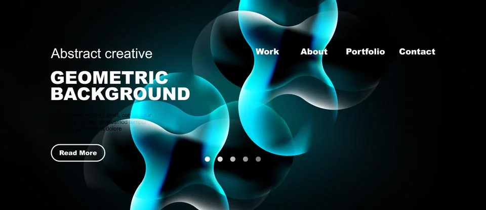 Dark background features flowing blue shapes, text elements, navigation menu. Stock Illustration