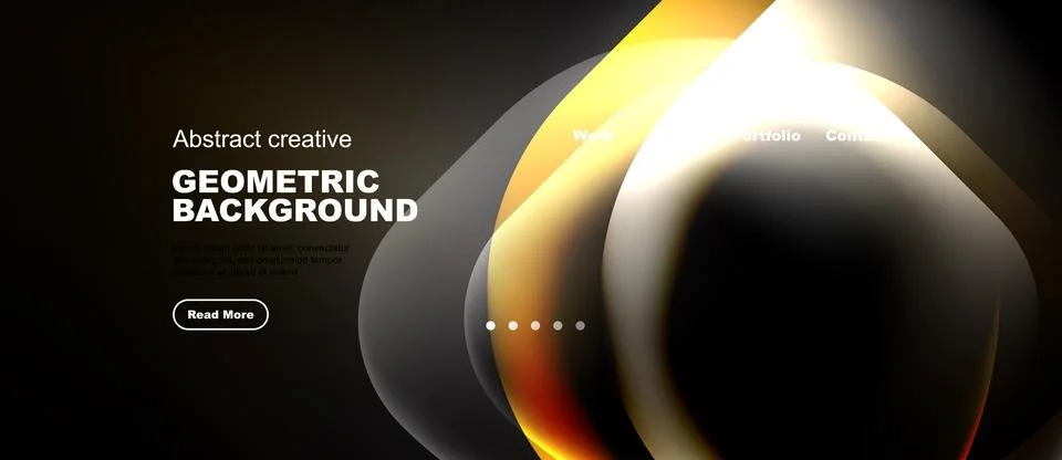 Dark background features flowing geometric shapes, text elements, navigation Stock Illustration
