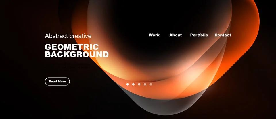 Dark background features flowing orange shapes. Text includes geometric Stock Illustration
