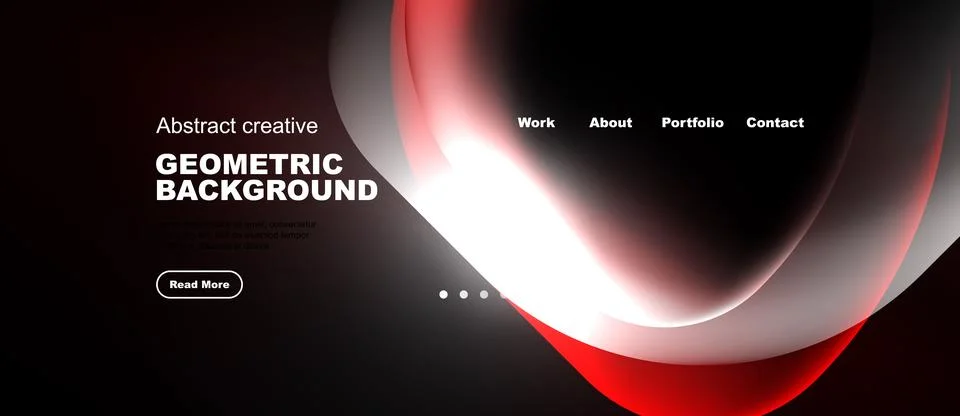 Dark background features flowing red shapes, text elements, navigation menu. Illustrazione stock