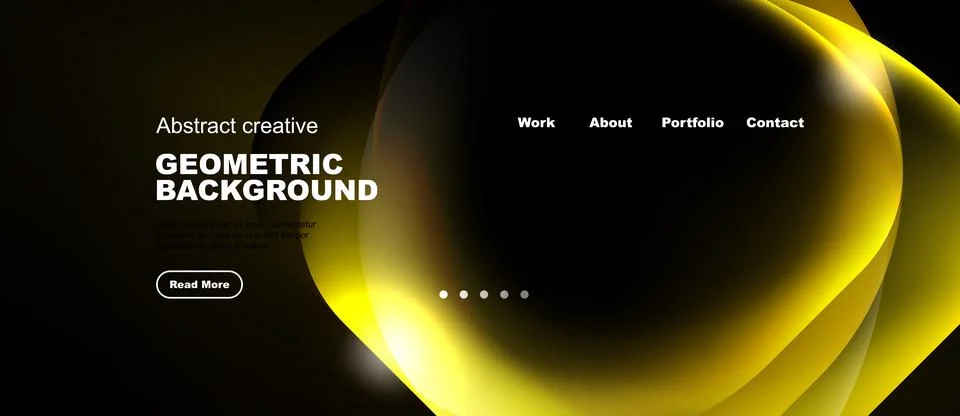 Dark background features flowing yellow shapes, text elements, navigation men Stockillustratie
