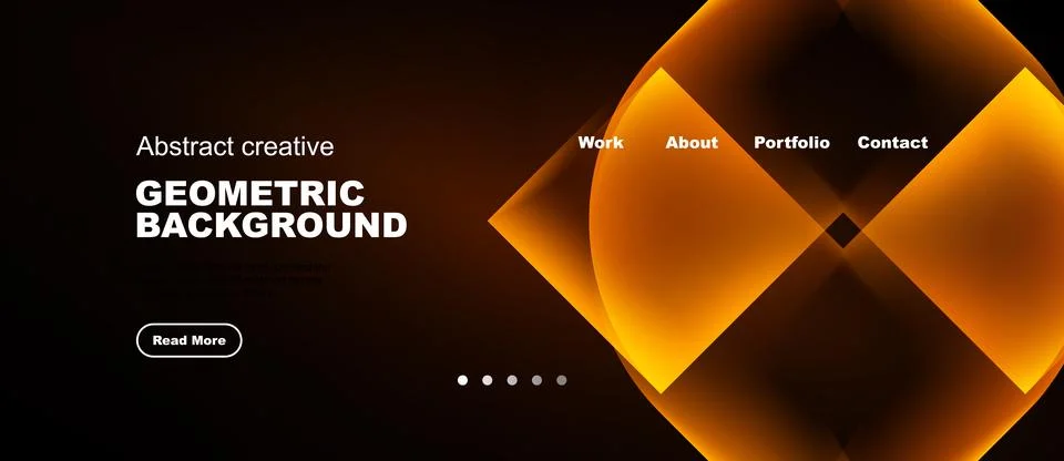 Dark background features geometric shapes, text elements, navigation options. Stock Illustration