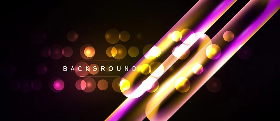 Dark background features glowing circles, purple lines. Bright illumination Illustrazione stock