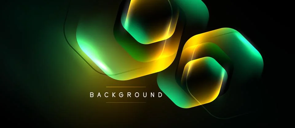 Dark background features glowing geometric shapes. Green, yellow hues create Stock Illustration