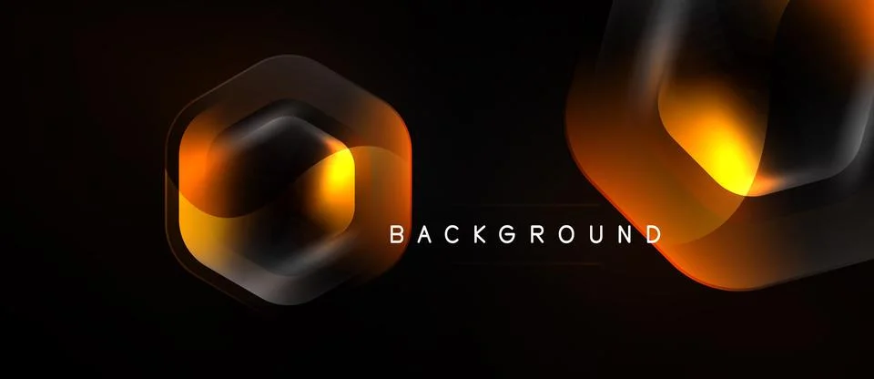 Dark background features glowing geometric shapes. Orange, yellow hues create Illustrazione stock