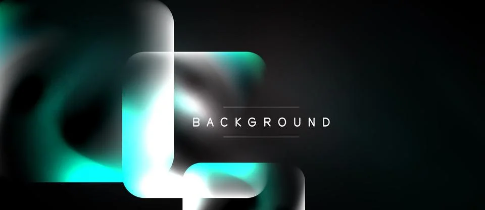 Dark background features glowing geometric shapes. Turquoise, white gradients Illustrazione stock
