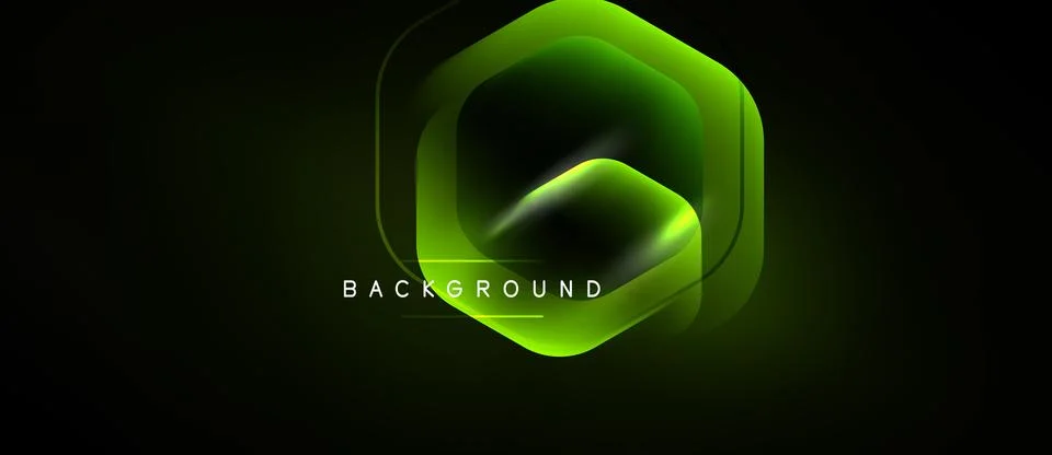Dark background features glowing green hexagon. Layers create depth, modern Illustrazione stock