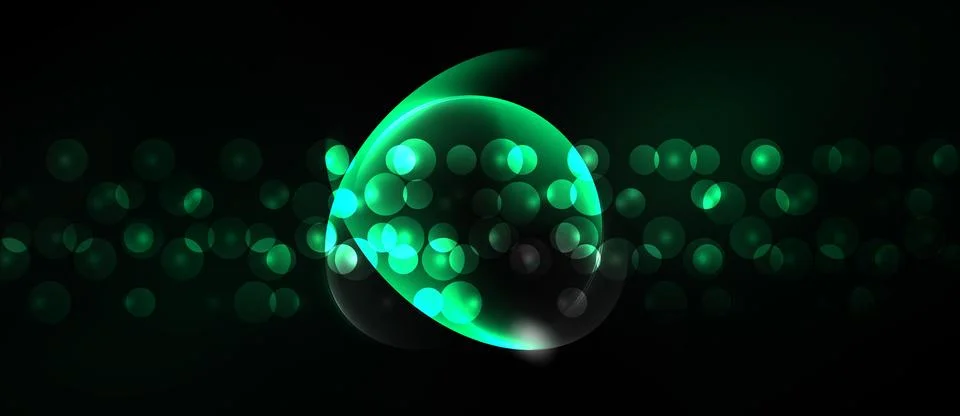 Dark background features glowing green circles, forming abstract shapes. Ligh Stock Illustration