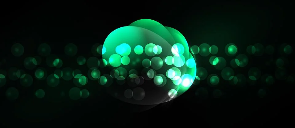 Dark background features glowing green spheres, creating abstract light effec Stock Illustration