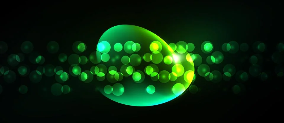 Dark background features glowing green circles, forming abstract shape. Light Ilustración de archivo