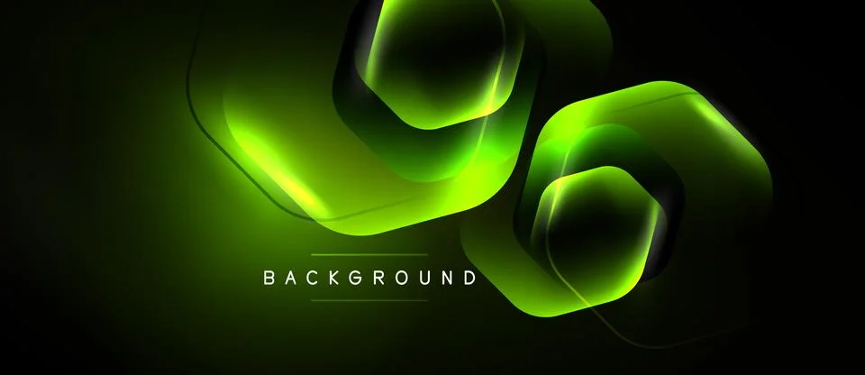 Dark background features glowing green geometric shapes. Abstract design cr.. Stockillustratie