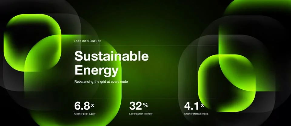 Dark background features glowing green shapes, text highlights sustainable Stock Illustration