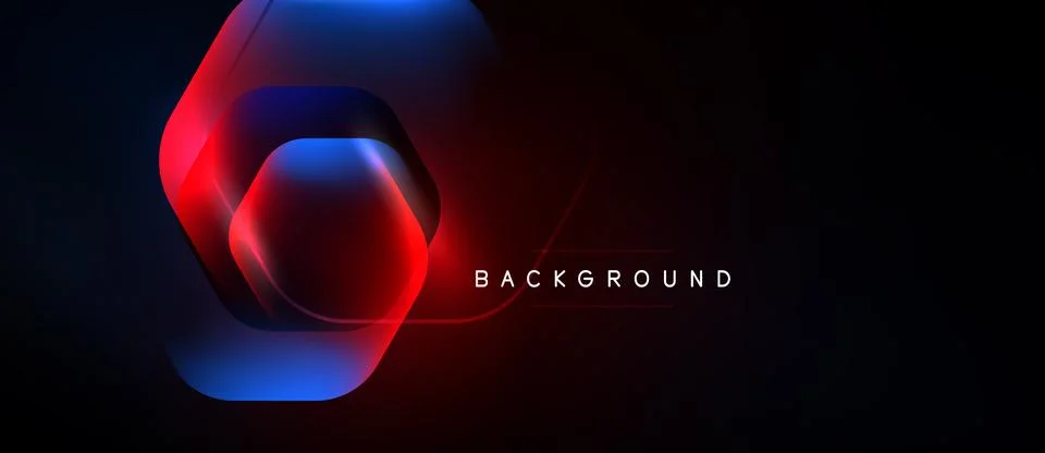 Dark background features glowing hexagon shapes. Red, blue neon colors create Stockillustratie