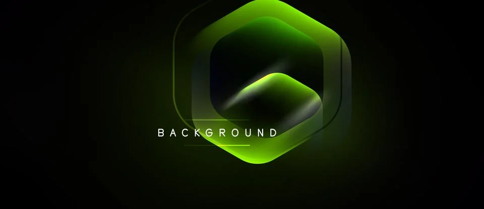 Dark background features glowing hexagon shape. Green gradients create イラスト素材