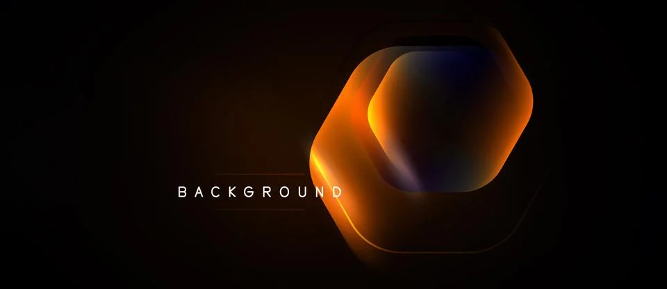 Dark background features glowing hexagon shape. Orange, blue hues create mode 스톡 일러스트