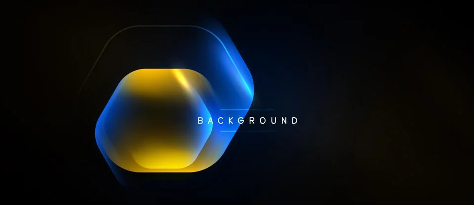 Dark background features glowing hexagon. Blue, yellow gradients create moder 스톡 일러스트