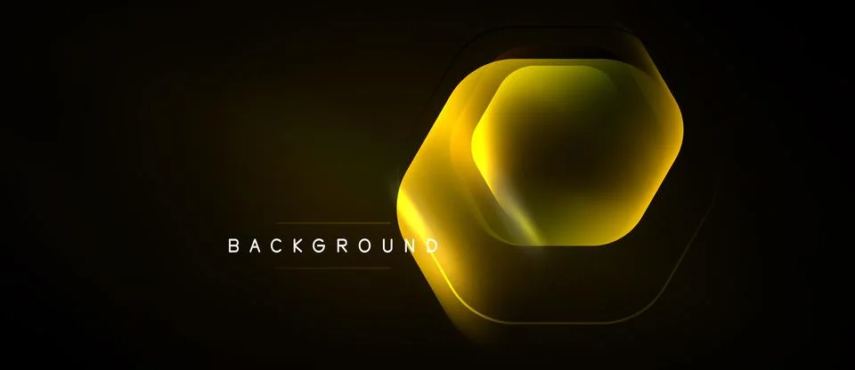 Dark background features glowing hexagon shapes. Gold gradients create depth, Stockillustratie