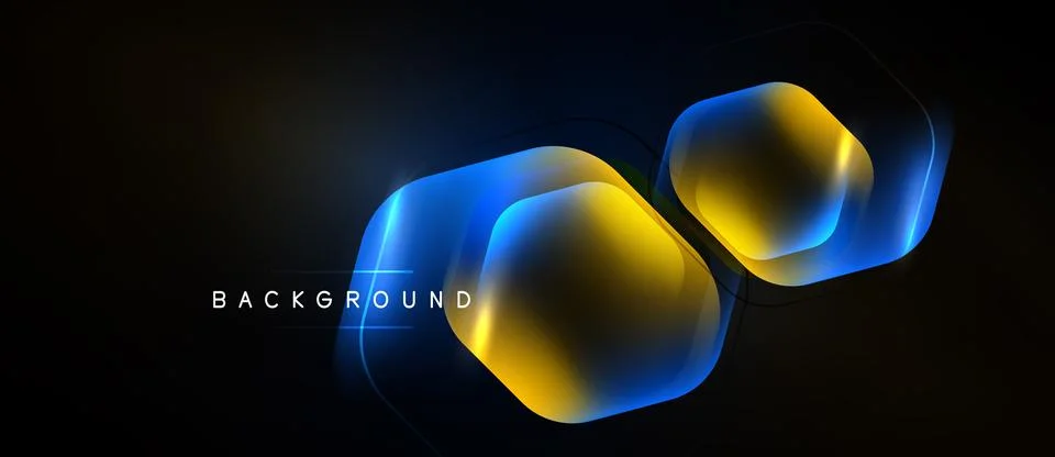 Dark background features glowing hexagonal shapes. Blue, yellow gradients c.. 스톡 일러스트