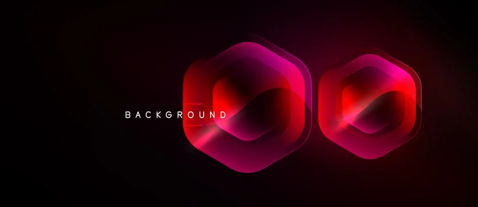 Dark background features glowing hexagonal shapes. Pink, red gradients create Stock Illustration