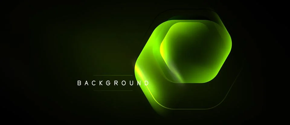 Dark background features glowing hexagonal layers. Green neon effect creates Illustrazione stock
