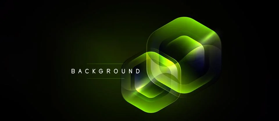 Dark background features glowing hexagonal shapes. Overlapping layers create Stock Illustration