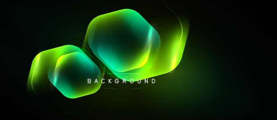 Dark background features glowing hexagonal shapes. Gradient colors shift from Stock Illustration