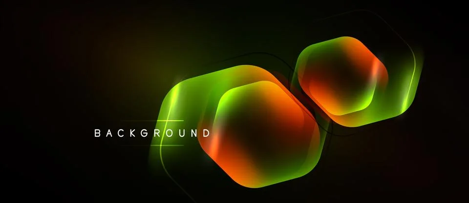 Dark background features glowing hexagonal shapes. Vibrant colors blend, Stockillustratie