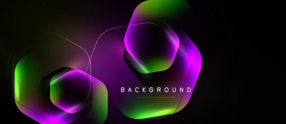 Dark background features glowing hexagonal shapes. Vibrant purple, green hues Stockillustratie