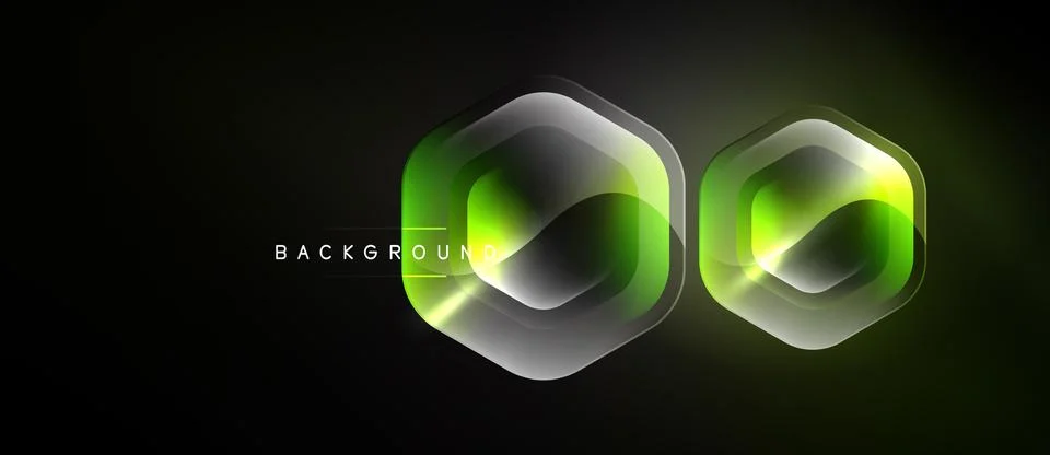 Dark background features glowing hexagonal shapes. Green, gray gradients crea Stock Illustration
