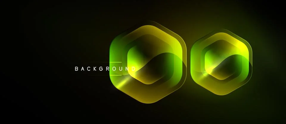 Dark background features glowing hexagonal shapes. Yellow, green hues create Stock Illustration