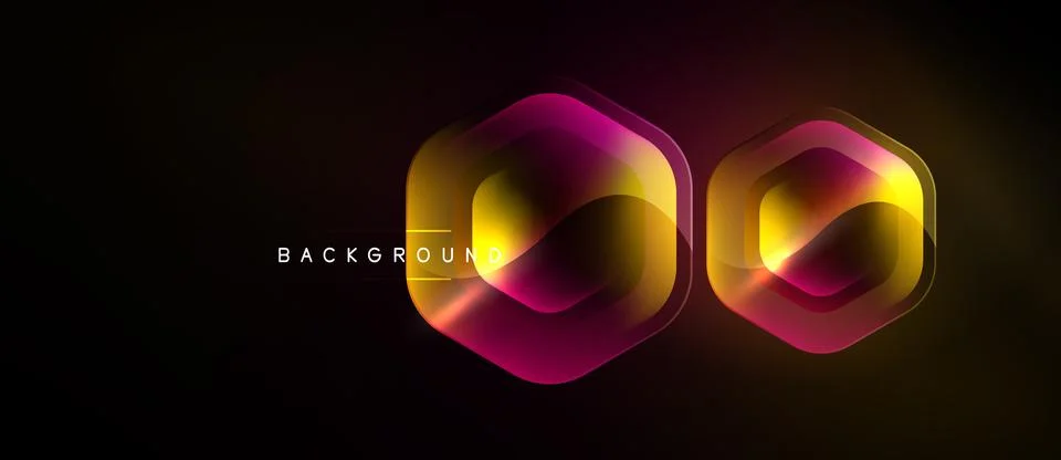 Dark background features glowing hexagons. Gradient colors blend from yellow  Stock Illustration