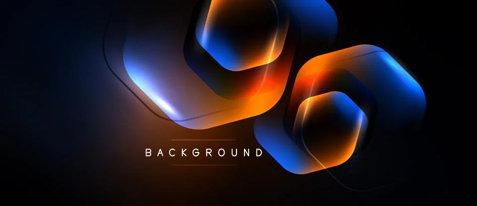 Dark background features glowing neon shapes. Orange, blue light creates dy.. Stock Illustration