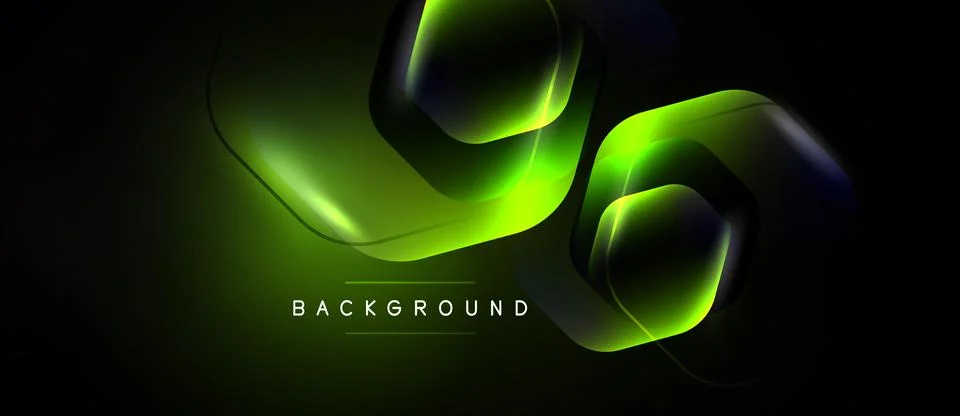 Dark background features glowing neon shapes. Abstract design uses green, blu Stock Illustration