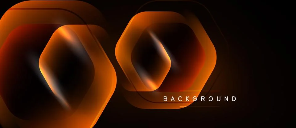 Dark background features glowing orange hexagons. Overlapping shapes create 스톡 일러스트