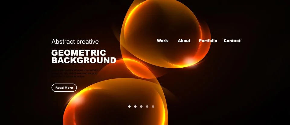 Dark background features glowing orange shapes, text, navigation menu. Modern Stock Illustration