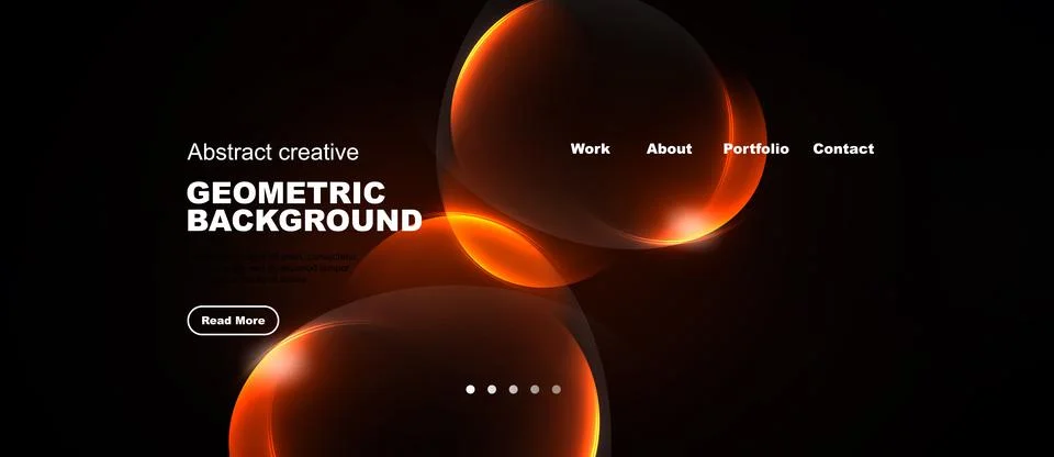 Dark background features glowing orange shapes, text elements, navigation Stock Illustration