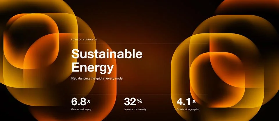 Dark background features glowing orange shapes. Text highlights sustainable Stock Illustration