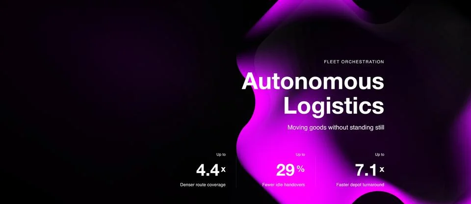 Dark background features glowing pink design promoting autonomous logistics. Stock Illustration