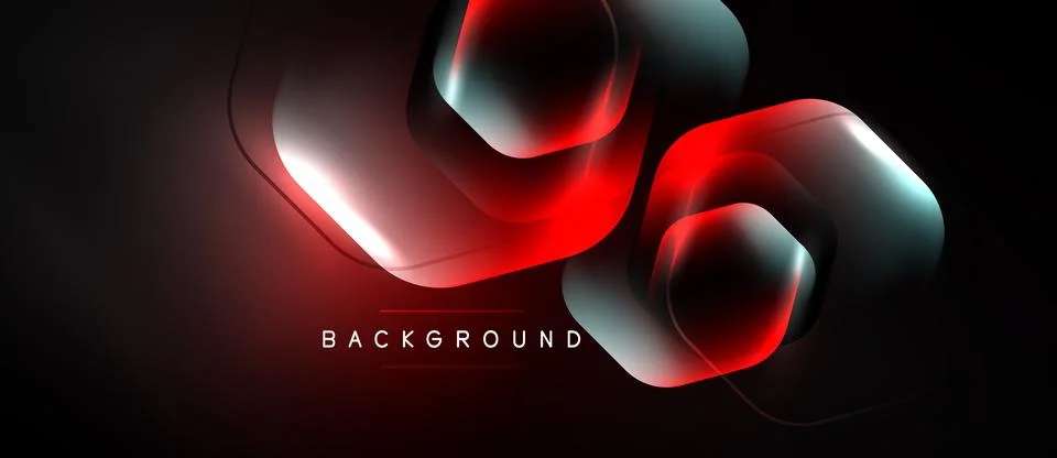 Dark background features glowing red hexagonal shapes, layered with silver Illustrazione stock