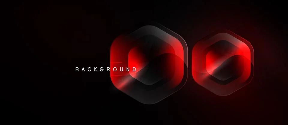 Dark background features glowing red hexagons. Modern design with layered Illustrazione stock