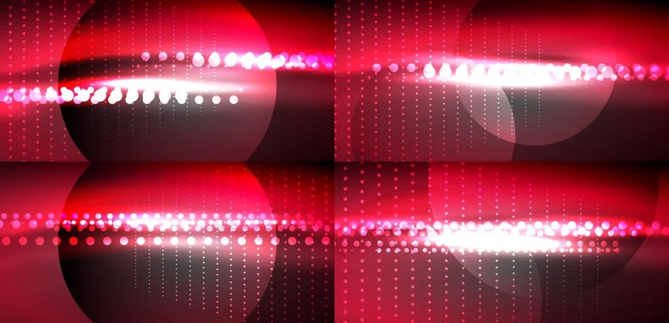 Dark background features glowing red circles, lines, dots. Abstract digital Illustrazione stock