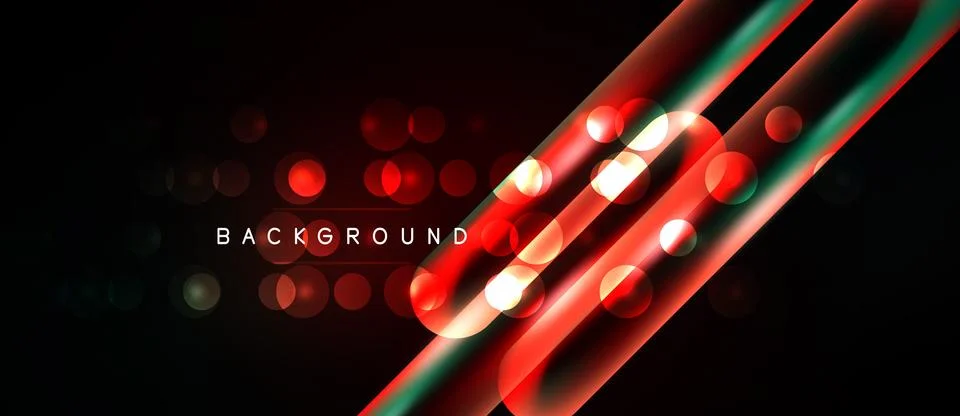 Dark background features glowing red, green lines. Bokeh effects create dynam Stock Illustration