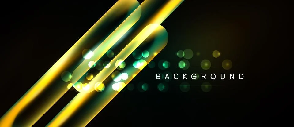 Dark background features glowing yellow, green lines. Scattered light spots Stock Illustration