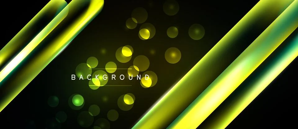 Dark background features glowing yellow lines, green accents, blurred circles Stock Illustration